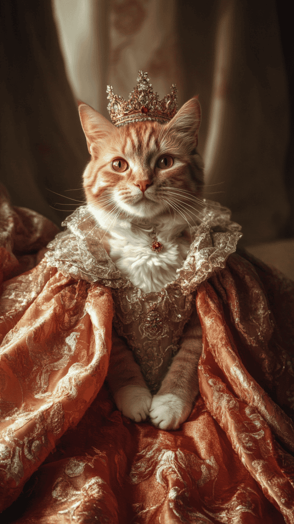 A queenly lineup of cats in elegant gowns and delicate tiaras exudes feline royalty. Each look brings a different kind of charm to the throne.