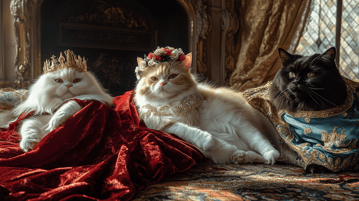 Three royal cats, each dressed in their own majestic attire, move with quiet elegance through a sunlit castle room. Their fur, costumes, and calm gestures reflect a scene of noble charm and natural grace.