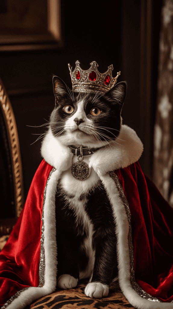 A cat dressed in a regal cape and soft crown strikes a proud pose, every detail echoing classic royal elegance. Rich fabrics and subtle accents bring a touch of majesty to this charming scene.
