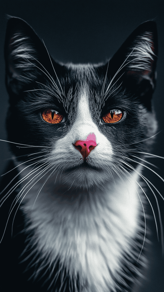 A cat wears precise face paint with a triangle nose, painted whiskers, and shimmering eyelids, all clearly visible against its natural fur. The stylized features enhance its expression without hiding its feline form.