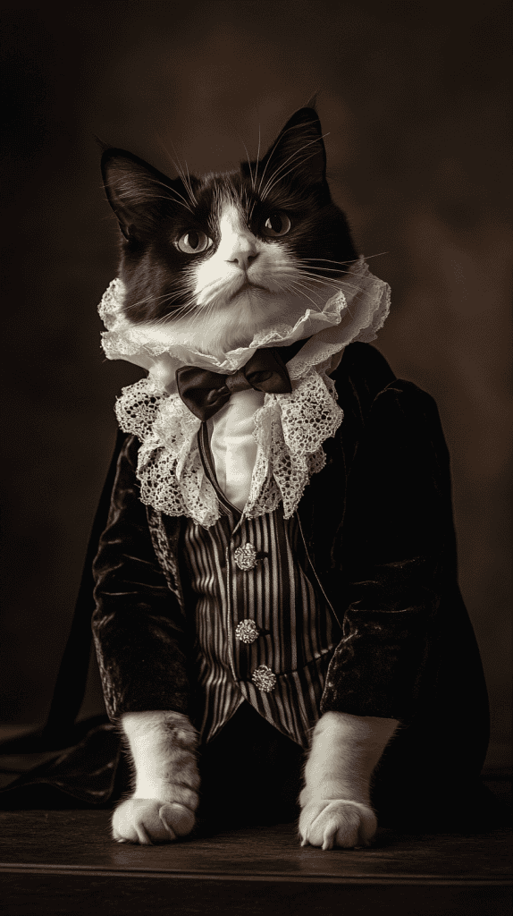 A cat in refined Victorian attire rests with quiet dignity, its velvet coat and lace cravat capturing timeless elegance. Every detail adds to the charm without overshadowing its natural poise.