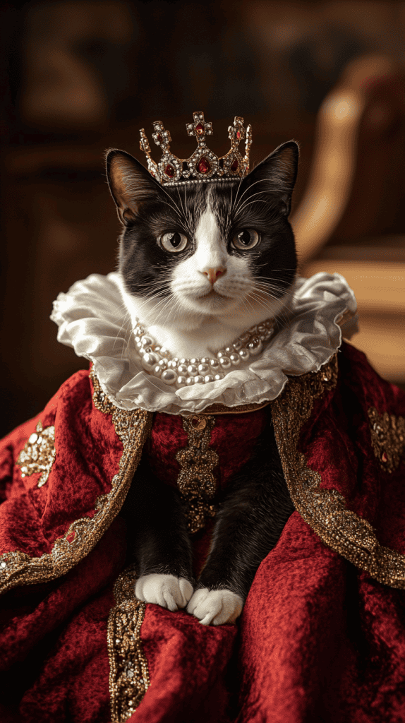 A queenly lineup of cats in elegant gowns and delicate tiaras exudes feline royalty. Each look brings a different kind of charm to the throne.
