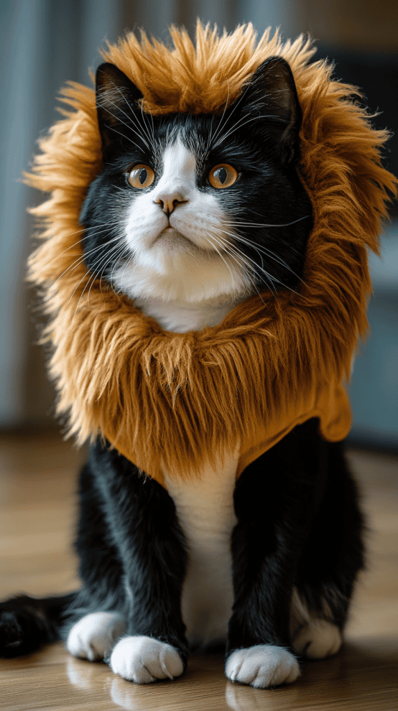 A cat channels the spirit of a lion with its soft mane and subtle costume details. Graceful and composed, it balances wild charm with feline ease.
