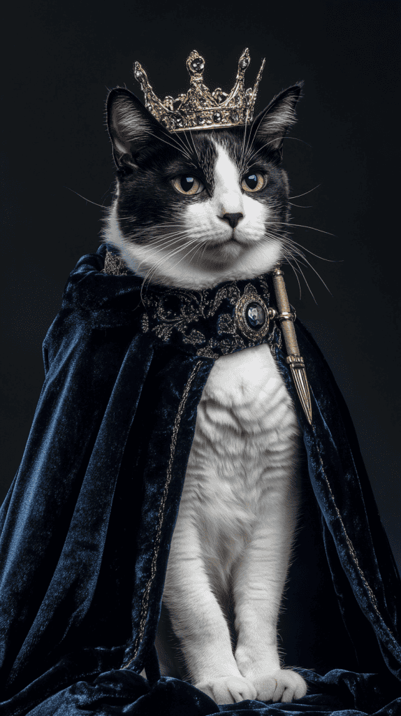 A cat draped in velvet and crowned in soft jewels channels the splendor of medieval royalty. Subtle crests and silver accents add a noble finish to its regal stance.