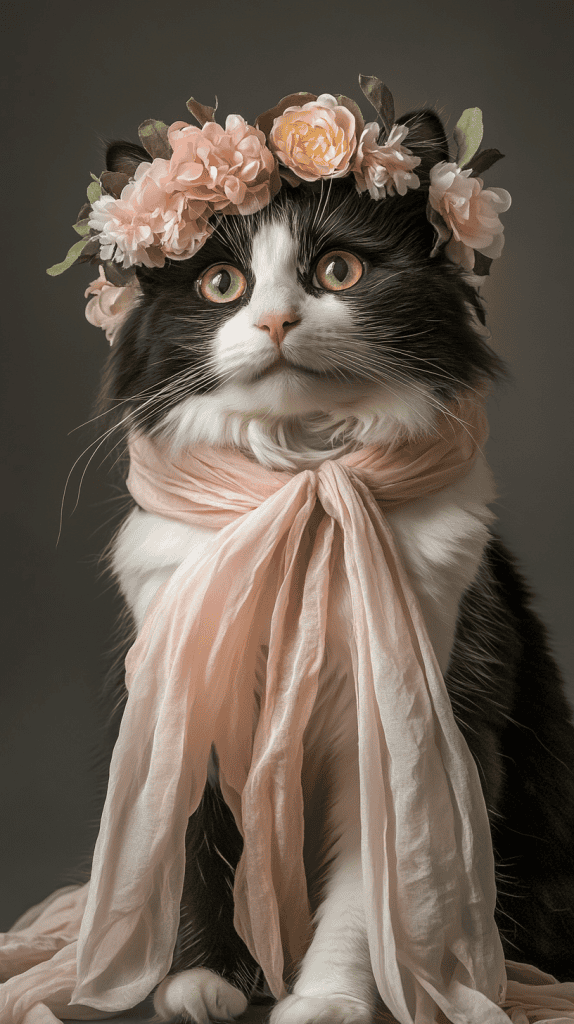 A cat wears a delicate flower crown and soft chiffon with effortless grace, blending elegance and comfort. Pastel tones and subtle details highlight its natural poise.