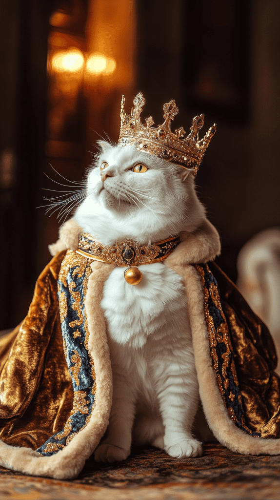A cat dressed in a regal cape and soft crown strikes a proud pose, every detail echoing classic royal elegance. Rich fabrics and subtle accents bring a touch of majesty to this charming scene.