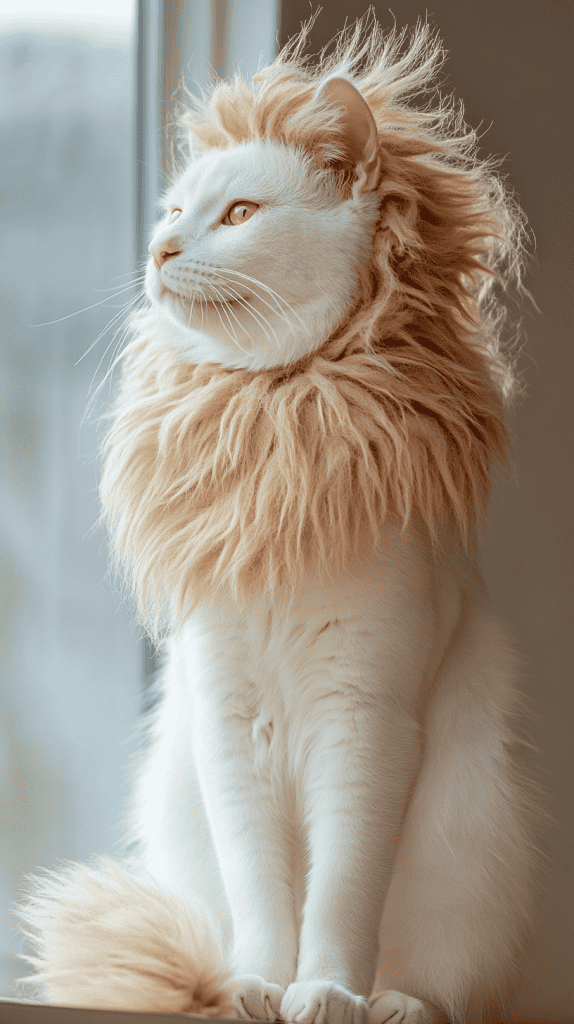 A cat channels the spirit of a lion with its soft mane and subtle costume details. Graceful and composed, it balances wild charm with feline ease.
