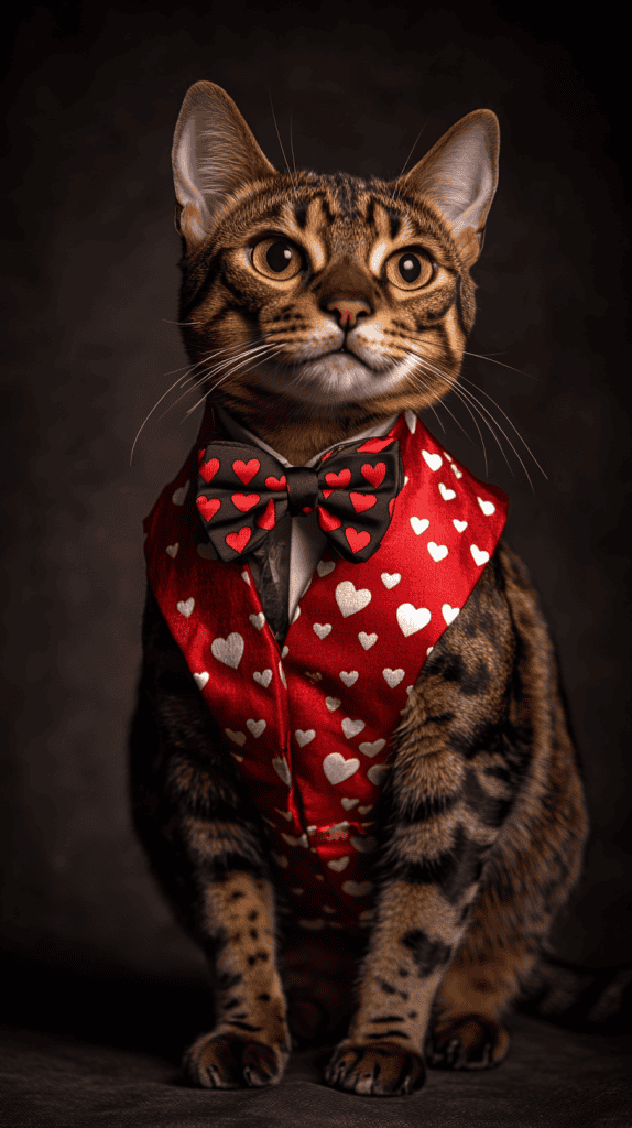Draped in heart-patterned couture with ruffles, lace, and elegant details, these cats redefine Valentine’s Day fashion — graceful, poised, and dressed to impress.