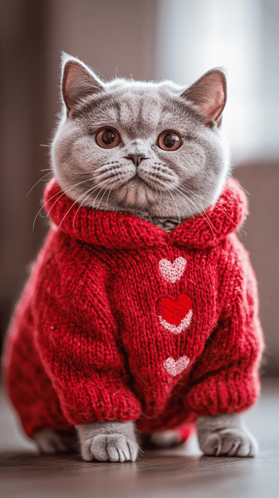 Cats dressed in cozy red and pink Valentine outfits, radiating charm and festive warmth. Soft textures and sweet details make them effortlessly photogenic.