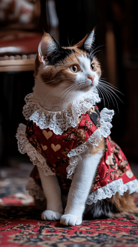 Draped in heart-patterned couture with ruffles, lace, and elegant details, these cats redefine Valentine’s Day fashion — graceful, poised, and dressed to impress.