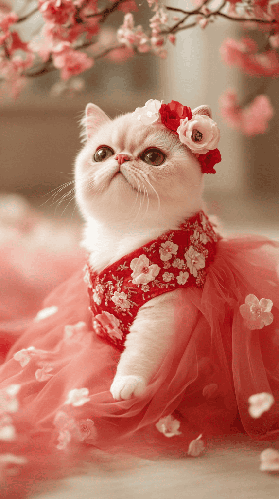 Soft tulle, delicate petals, and rose-toned layers bring out the romantic charm of these floral Valentine looks. A picture-perfect choice for cats who love the spotlight.