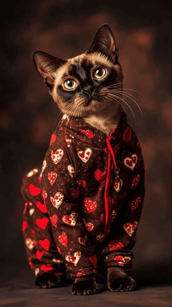 Cats dressed in rich chocolate tones with heart prints and ribbon details bring a sweet and stylish twist to Valentine’s Day. These cozy looks mix comfort with festive charm, perfect for casual parties or everyday flair
