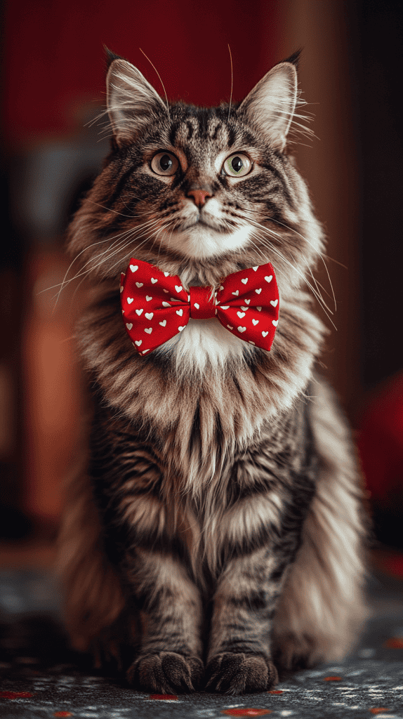Cats dressed in cozy red and pink Valentine outfits, radiating charm and festive warmth. Soft textures and sweet details make them effortlessly photogenic.