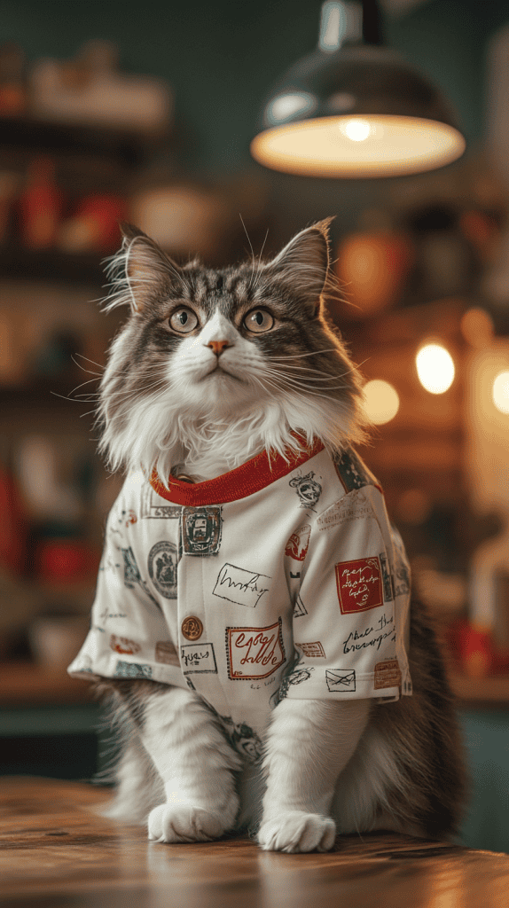 Cats channel the charm of handwritten affection in outfits featuring letter prints, tiny satchels, and romantic stamp details. With soft tones and playful accents, they’re dressed to deliver love in every step.