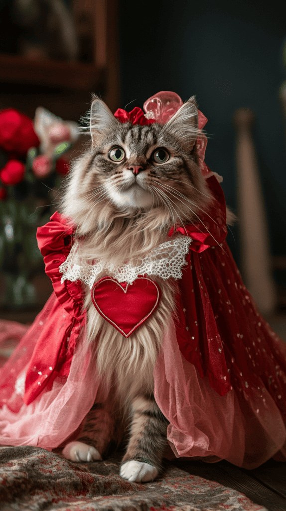 Draped in heart-patterned couture with ruffles, lace, and elegant details, these cats redefine Valentine’s Day fashion — graceful, poised, and dressed to impress.