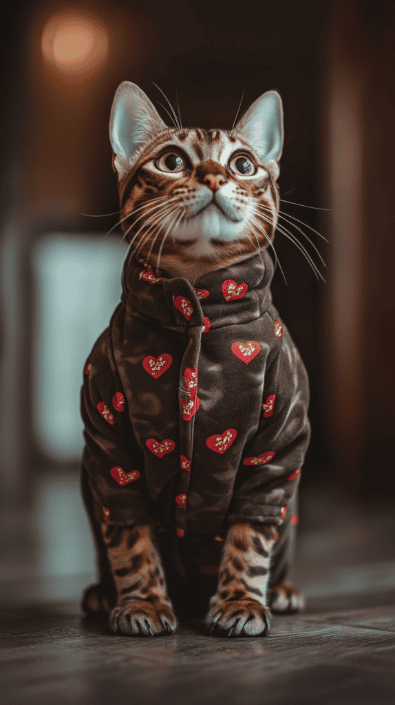 Cats dressed in rich chocolate tones with heart prints and ribbon details bring a sweet and stylish twist to Valentine’s Day. These cozy looks mix comfort with festive charm, perfect for casual parties or everyday flair