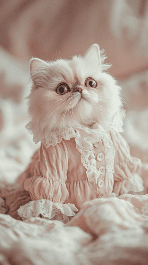 Cats dressed in soft lace, faded tones, and antique details bring timeless romance to Valentine’s Day. These vintage looks blend subtle charm with graceful nostalgia.
