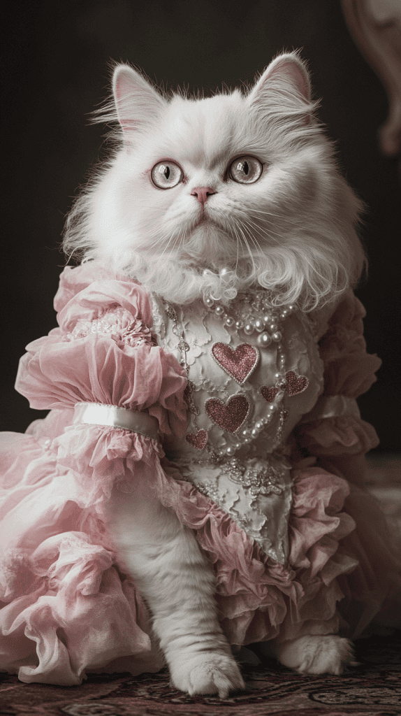 Draped in heart-patterned couture with ruffles, lace, and elegant details, these cats redefine Valentine’s Day fashion — graceful, poised, and dressed to impress.