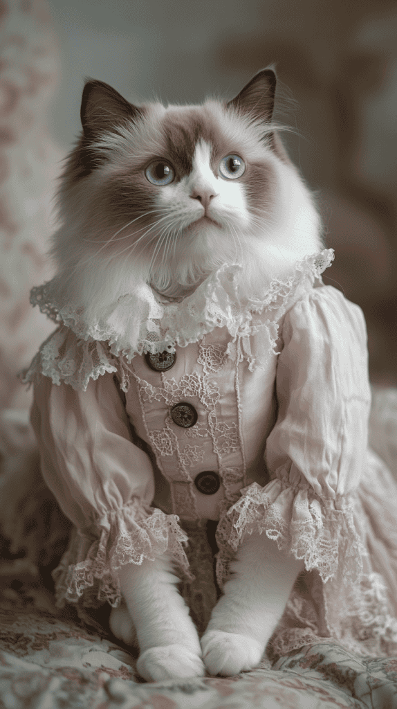 Cats dressed in soft lace, faded tones, and antique details bring timeless romance to Valentine’s Day. These vintage looks blend subtle charm with graceful nostalgia.