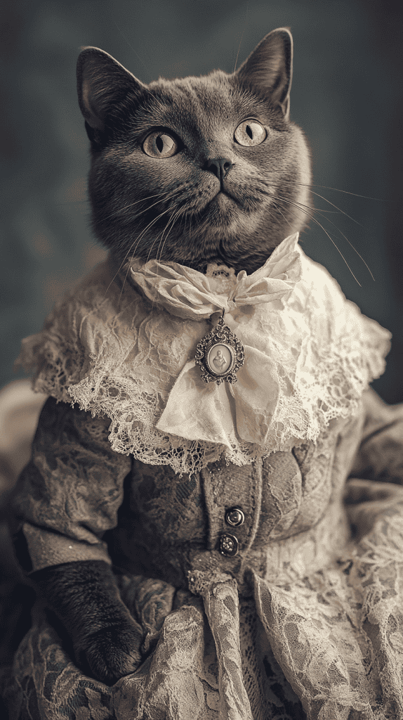 Cats dressed in soft lace, faded tones, and antique details bring timeless romance to Valentine’s Day. These vintage looks blend subtle charm with graceful nostalgia.