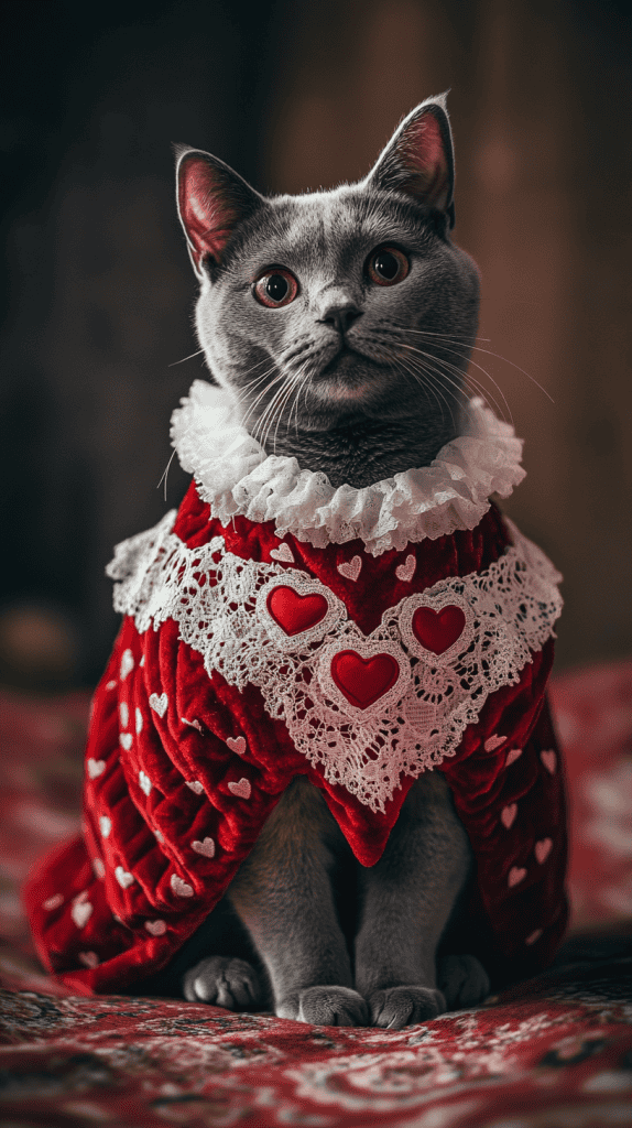 Draped in heart-patterned couture with ruffles, lace, and elegant details, these cats redefine Valentine’s Day fashion — graceful, poised, and dressed to impress.