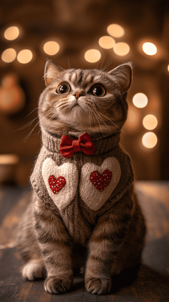Cats dressed in rich chocolate tones with heart prints and ribbon details bring a sweet and stylish twist to Valentine’s Day. These cozy looks mix comfort with festive charm, perfect for casual parties or everyday flair