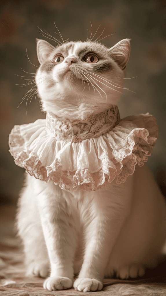 Cats dressed in soft lace, faded tones, and antique details bring timeless romance to Valentine’s Day. These vintage looks blend subtle charm with graceful nostalgia.