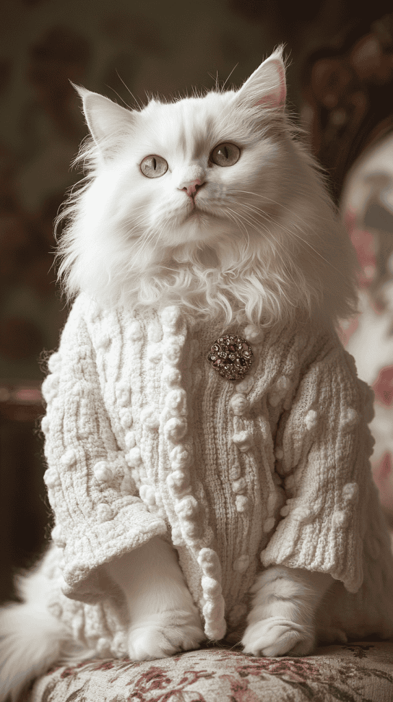 Cats dressed in soft lace, faded tones, and antique details bring timeless romance to Valentine’s Day. These vintage looks blend subtle charm with graceful nostalgia.