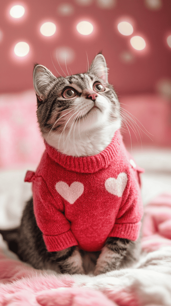 Cats dressed in cozy red and pink Valentine outfits, radiating charm and festive warmth. Soft textures and sweet details make them effortlessly photogenic.