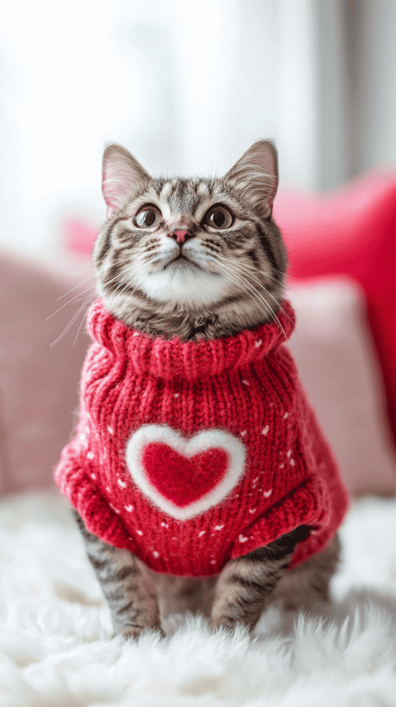Cats dressed in cozy red and pink Valentine outfits, radiating charm and festive warmth. Soft textures and sweet details make them effortlessly photogenic.