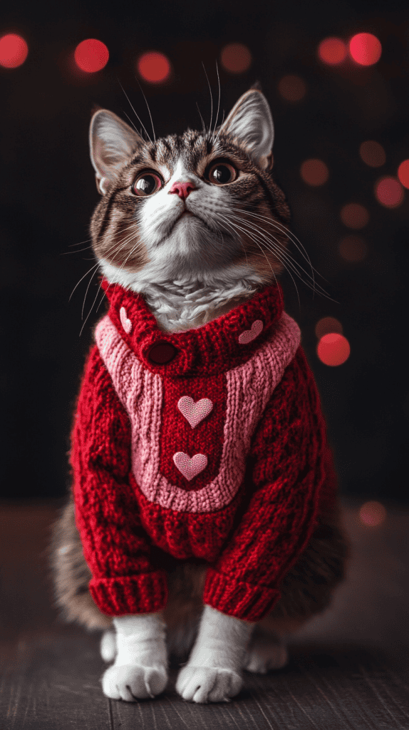 Cats dressed in cozy red and pink Valentine outfits, radiating charm and festive warmth. Soft textures and sweet details make them effortlessly photogenic.