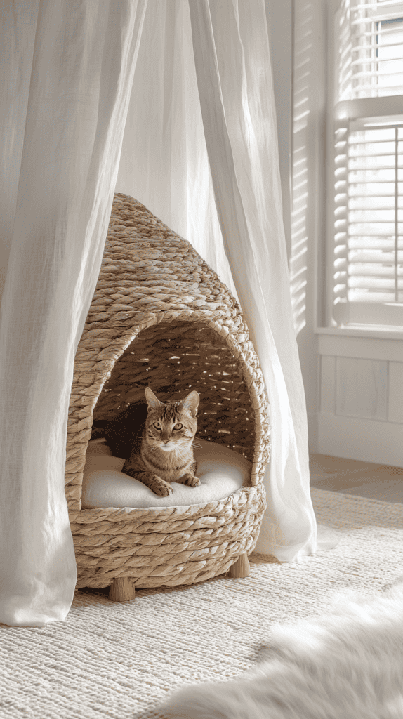 A tabby cat lounges inside a cozy, woven basket-shaped pet bed with a cushion, surrounded by sheer white curtains in a sunlit room with soft natural light.