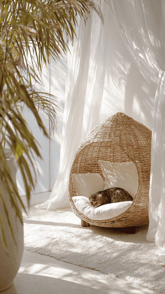 A cat lounges on a white cushion inside a cozy, dome-shaped wicker pet bed. Sunlight streams through sheer white curtains, creating a calm, airy atmosphere with a large potted palm in the foreground.