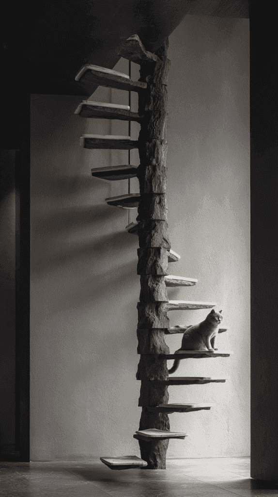 A gray cat sits on a step of a unique spiral staircase with rough, tree-like central support and wooden steps, in a modern, minimalist setting with soft natural light.