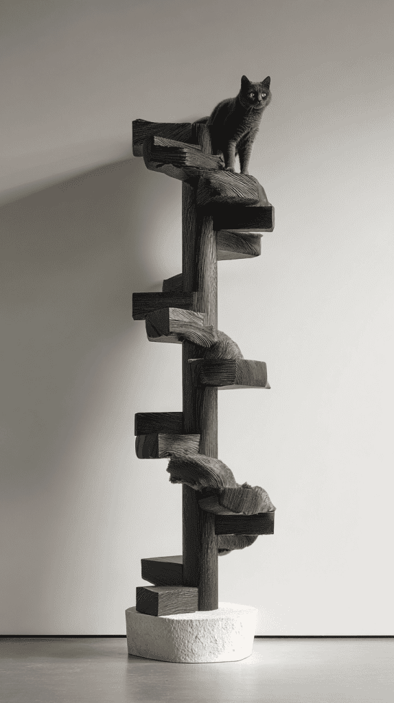 A gray cat stands at the top of a tall, modern, sculptural cat tree with dark, textured steps and a light-colored base against a plain, light-colored wall.