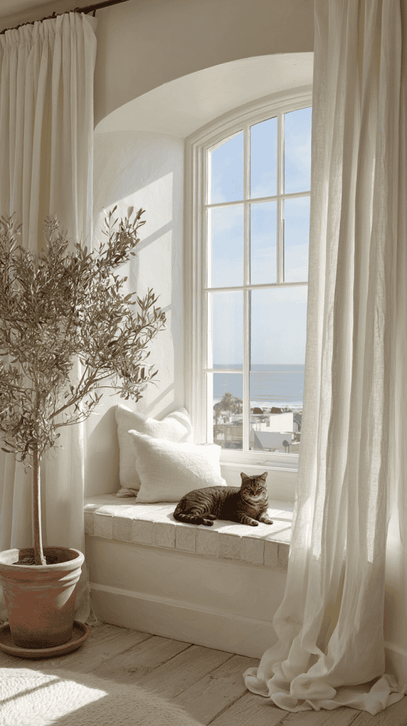 A tabby cat lounges on a cushioned window seat beside an olive tree in a terracotta pot. Sunlight streams through the large arched window, illuminating white curtains and a coastal view outside.