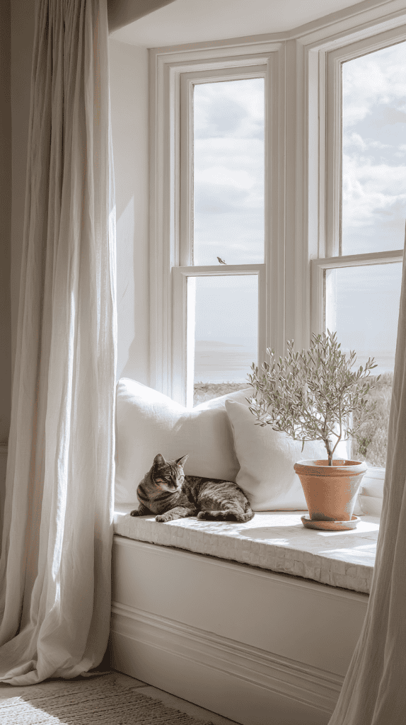 A tabby cat rests on a cushioned window seat beside a potted plant, with sheer curtains and sunlight streaming through large bay windows overlooking an outdoor landscape.