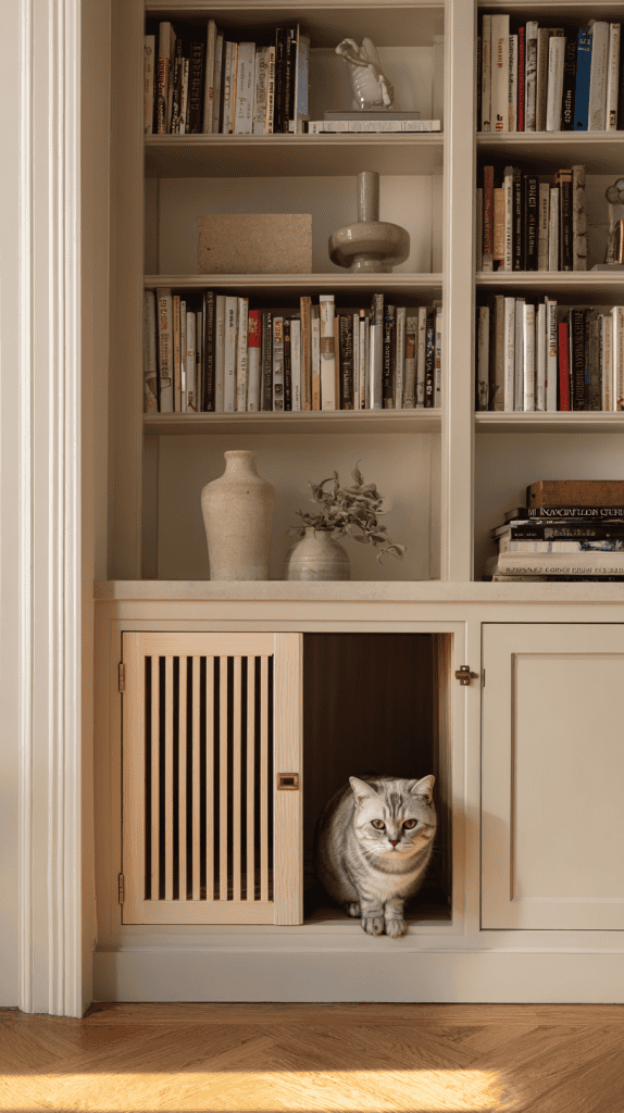 A gray tabby cat sits inside an open cabinet at the bottom of a built-in bookshelf filled with books, ceramics, and small decorative items in a cozy, sunlit room.