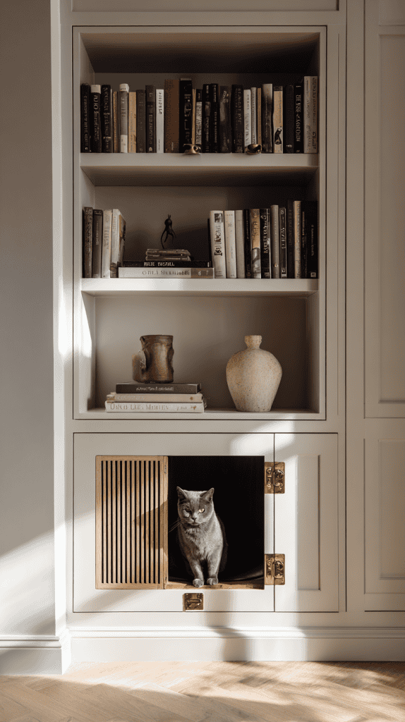 A gray cat sits inside a small cubby with a wooden slatted door, built into a beige bookshelf filled with books and decorative items like vases and a small sculpture, lit by natural sunlight.
