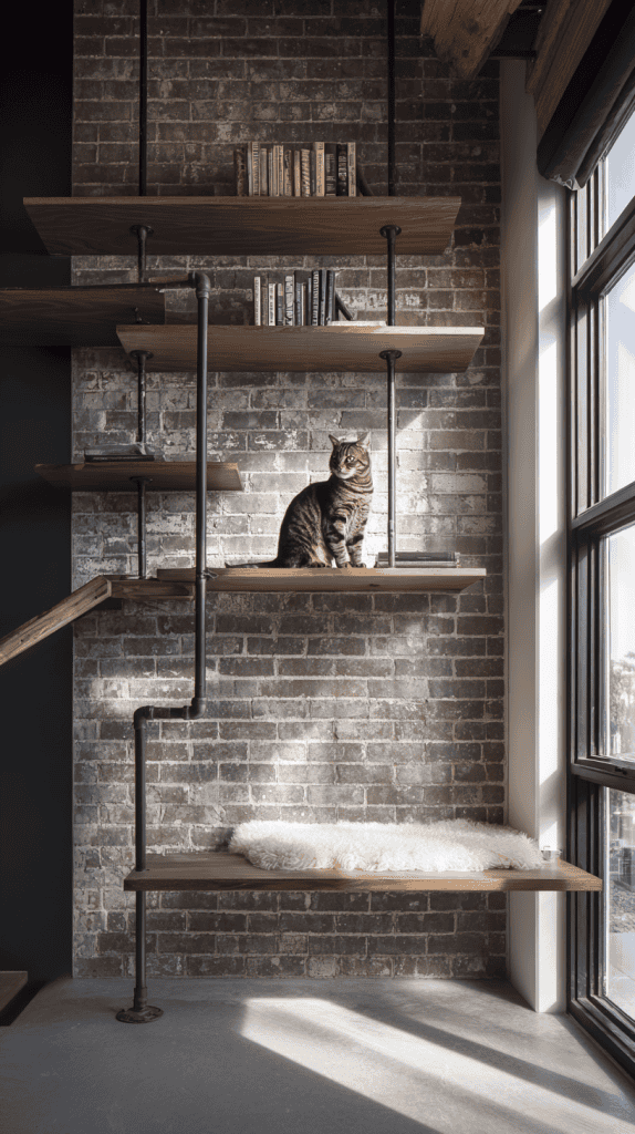 A cat sits on a wooden shelf attached to a brick wall, with books above and a fluffy white rug on a lower shelf. Large windows on the right let in natural light.