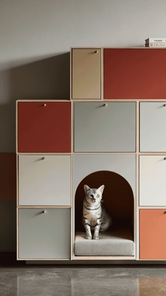 A grey tabby cat sits inside a modern, multicolored modular cat house with cubby holes and cupboards in muted tones of orange, green, and beige against a neutral wall.
