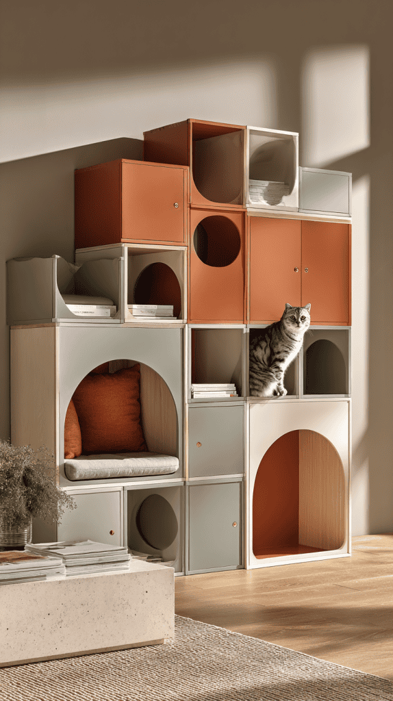 A gray tabby cat sits on a modern, modular cat tower made of stacked cubbies in beige, green, and orange tones, with pillows inside and sunlight streaming onto the cozy setup.