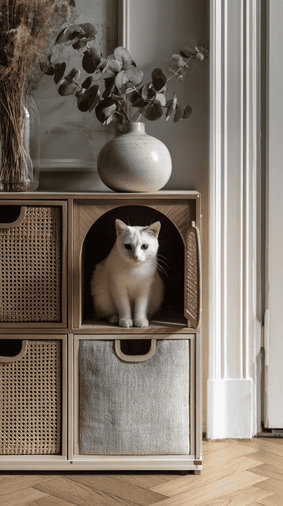 A white cat sits inside a cubby of a wooden storage unit with woven baskets, next to a round vase with green leaves on top. Dried plants and a door frame are visible in the background.