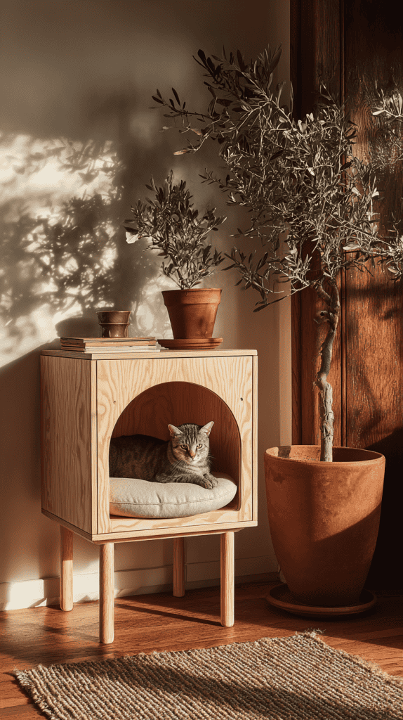 A tabby cat lounges on a cushion inside a wooden cat house next to potted olive trees in a sunlit room with a woven rug on the floor.