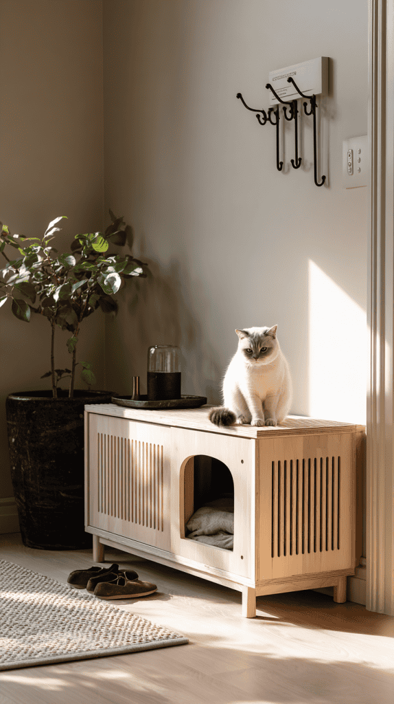 A white cat sits on top of a light wooden pet house with slatted doors in a sunlit room. Nearby are a potted plant, slippers, a rug, and a wall-mounted hook rack with a light switch.