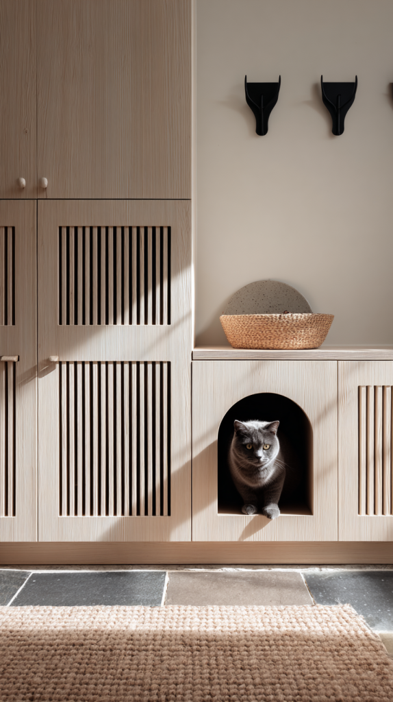 A gray cat sits inside a built-in wooden cubbyhole in a modern entryway with light wood cabinets, a woven basket, black wall hooks, and sunlight streaming onto the floor.