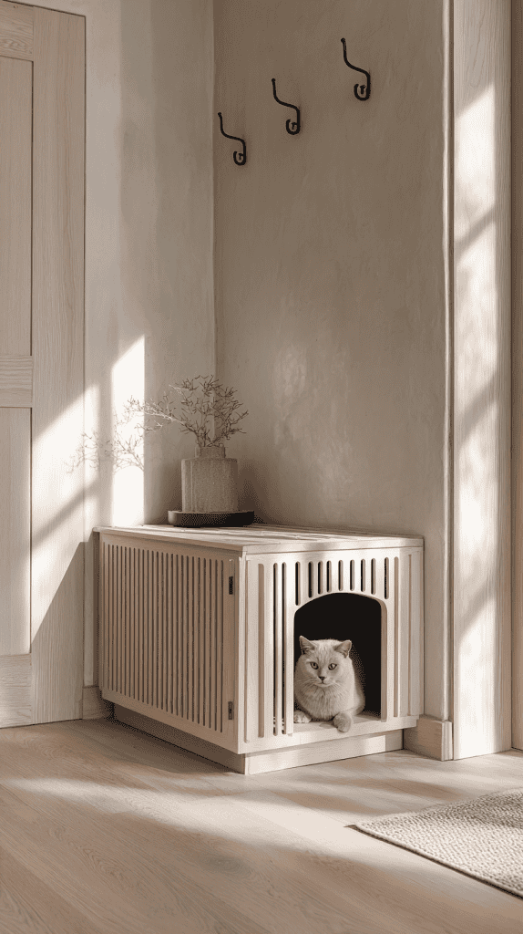 A light-colored cat relaxes inside a modern wooden pet house set in a minimalist, sunlit room with neutral walls and a small vase on top of the pet house. Three black wall hooks are mounted above.