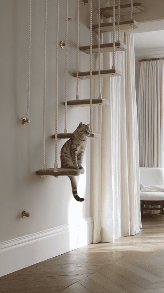 A tabby cat sits on a floating rope-and-wood staircase attached to a wall in a sunlit room with light curtains and wooden flooring.
