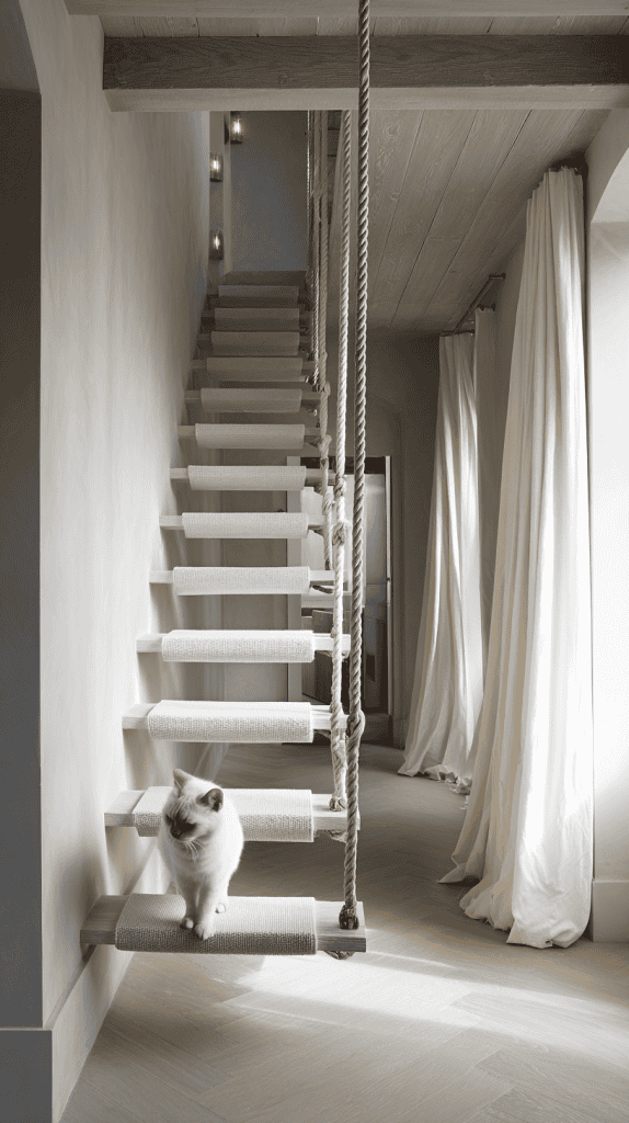 A white cat sits on the bottom step of a modern floating staircase with rope railings and soft beige treads. Sheer curtains hang by a sunlit window in a minimalist, light-toned room.