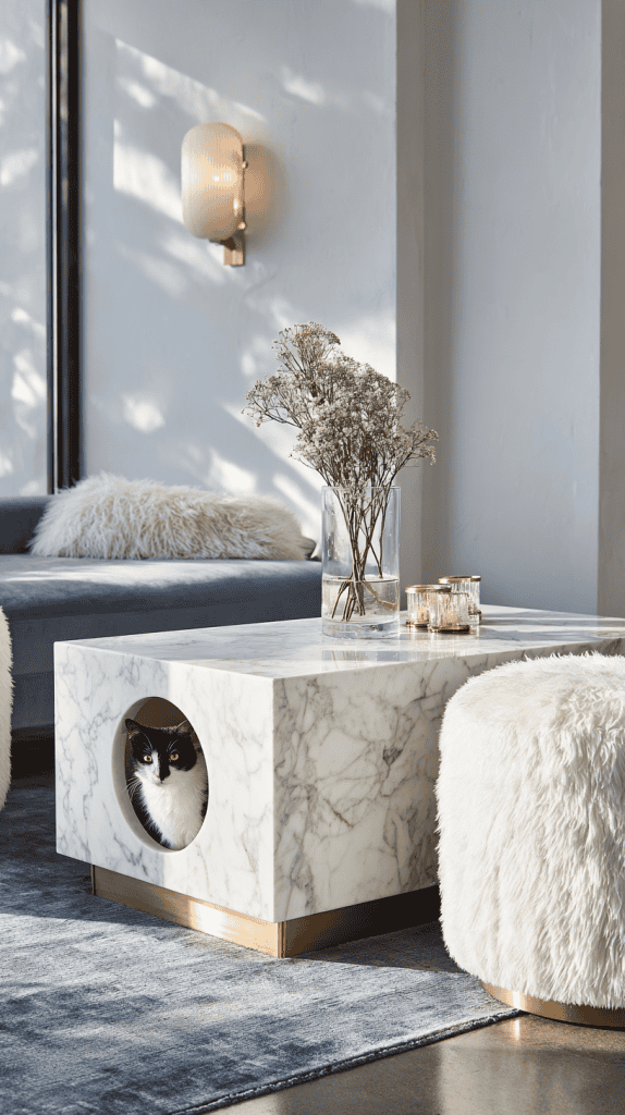 A modern living room with a marble coffee table featuring a circular cubby where a black and white cat sits. The table has a vase with flowers, and theres a fluffy white ottoman and sofa with plush pillows nearby.